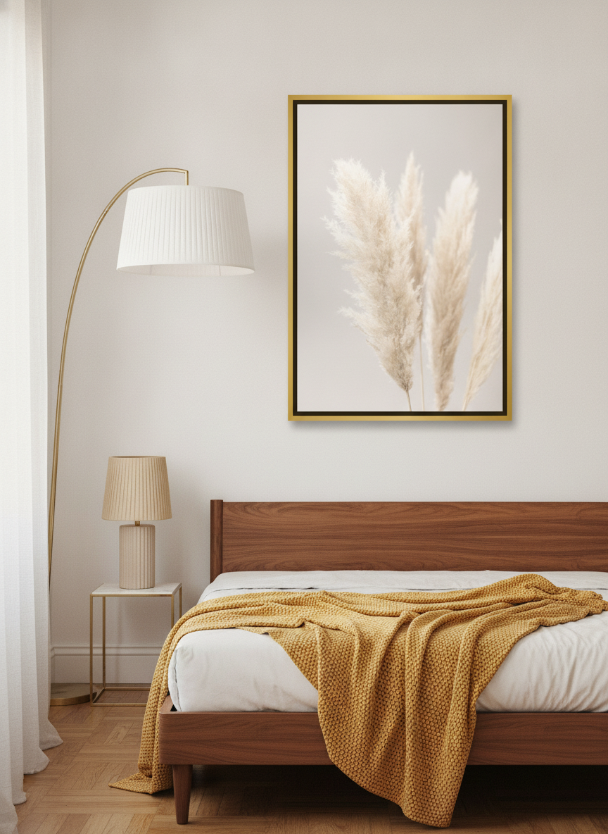 Canvas wall art with a gold leaf surround styled on the wall in a mid-century bedroom