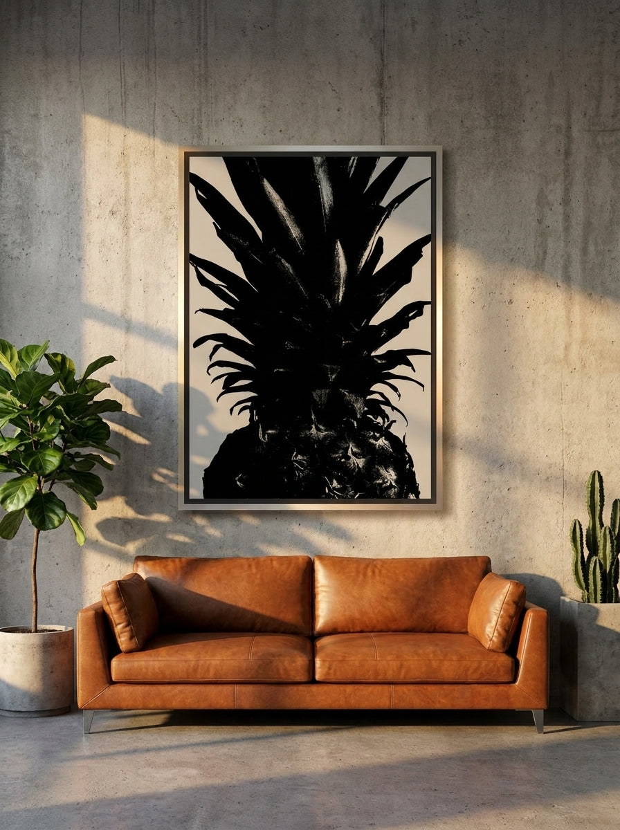 Canvas wall art with a silver leaf surround styled on the wall in an industrial loft living room