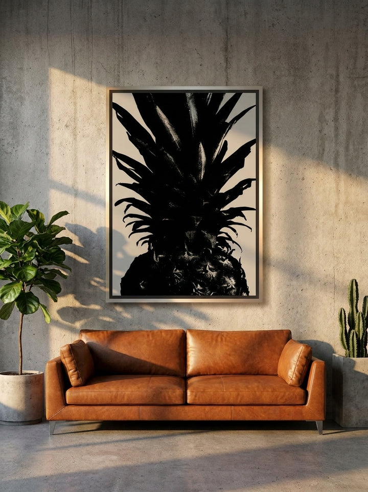 Canvas wall art with a silver leaf surround styled on the wall in an industrial loft living room