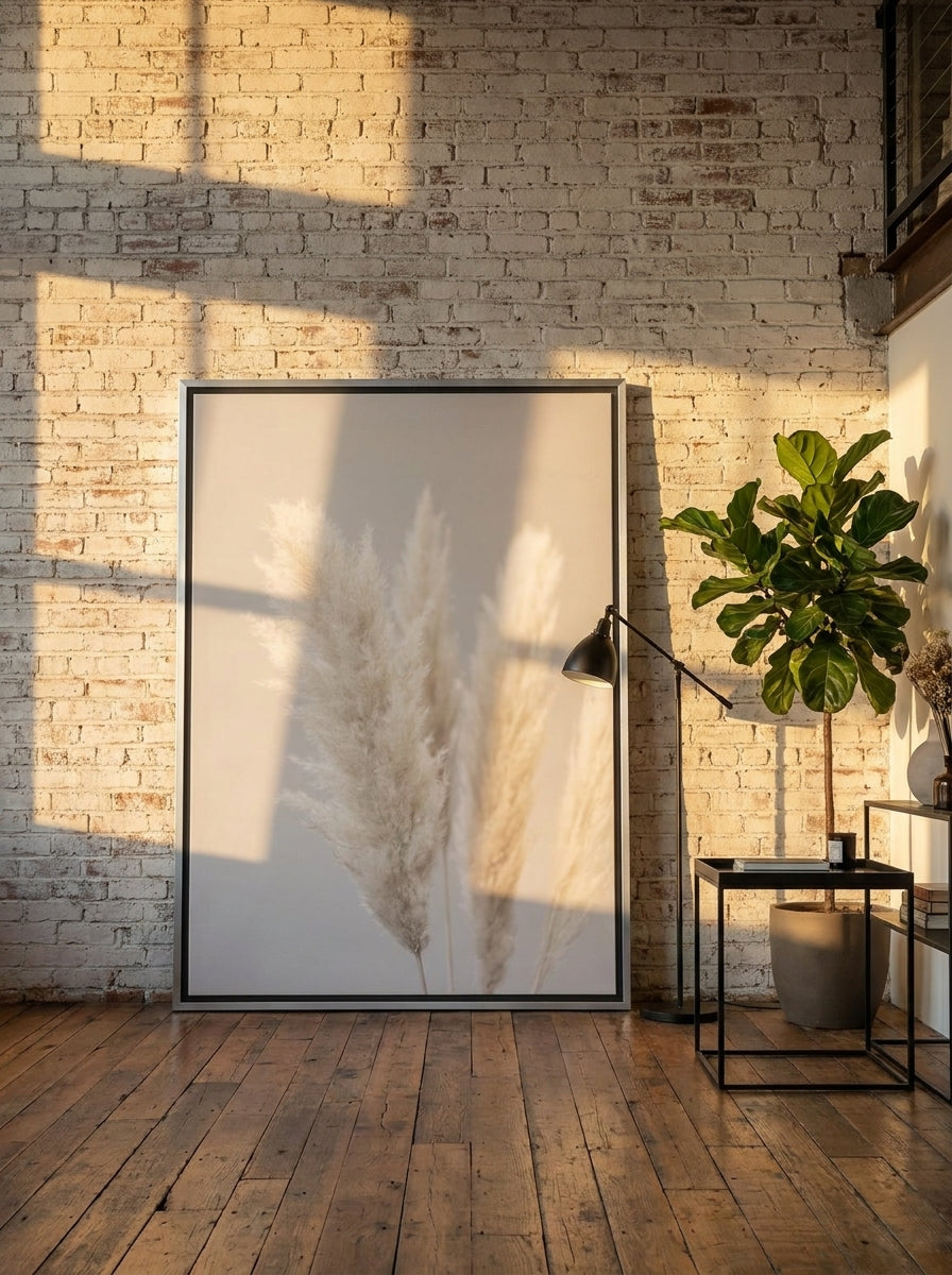 Oversized statement canvas wall art with a silver leaf surround leaning against the wall in an industrial loft living room