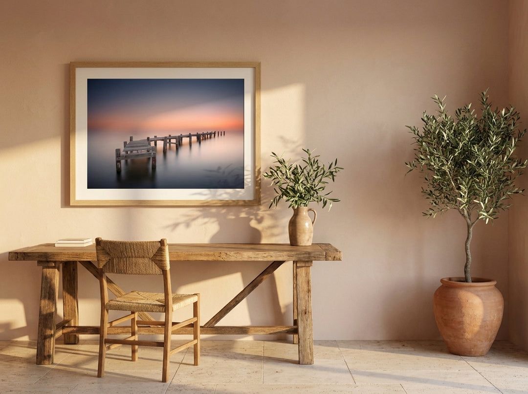 Modern wall art print styled on the wall in a Mediterranean home office