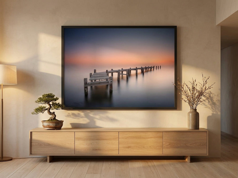 Oversized statement modern wall art print styled on the wall in a warm Japandi living room