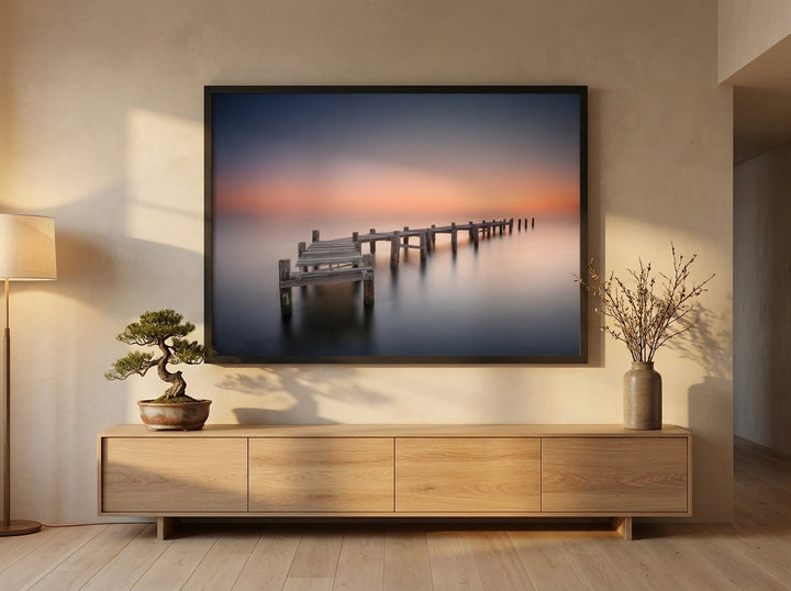 Oversized statement modern wall art print styled on the wall in a warm Japandi living room