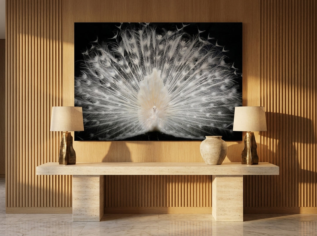 Stretched canvas wall art styled on the wall in a luxe living room