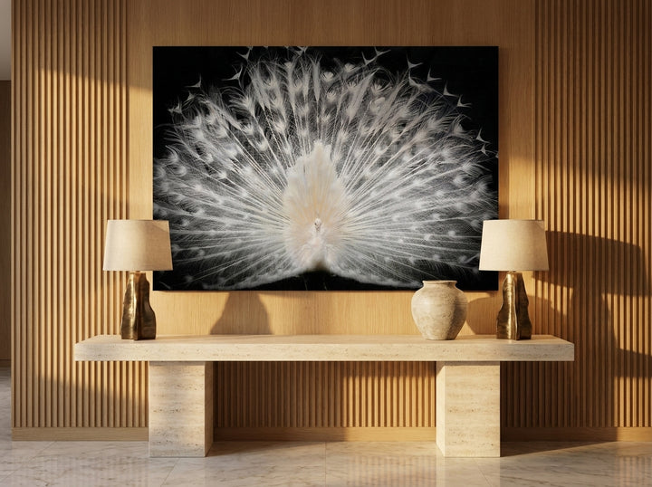 Stretched canvas wall art styled on the wall in a luxe living room