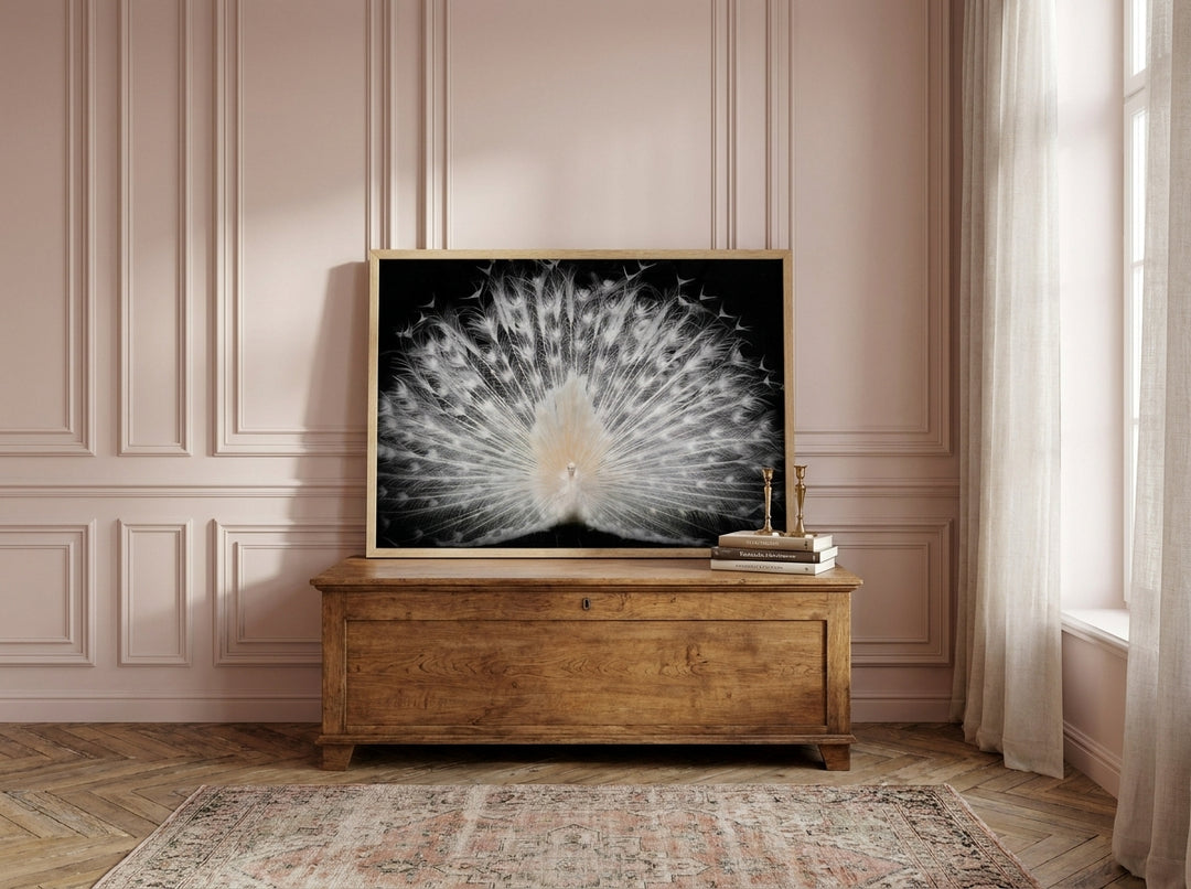 Modern wall art print standing on a sideboard in a Parisian home office