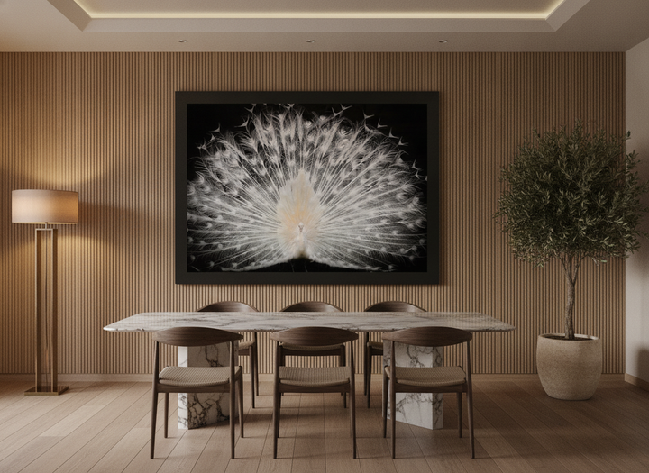 Oversized statement modern wall art print styled on the wall in a luxe dining room