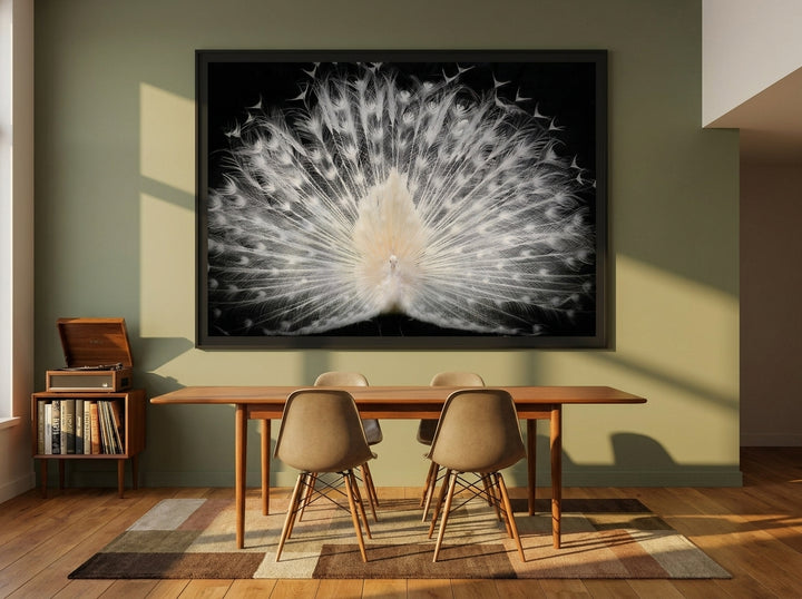 Oversized statement modern wall art print styled on the wall in a mid-century dining room