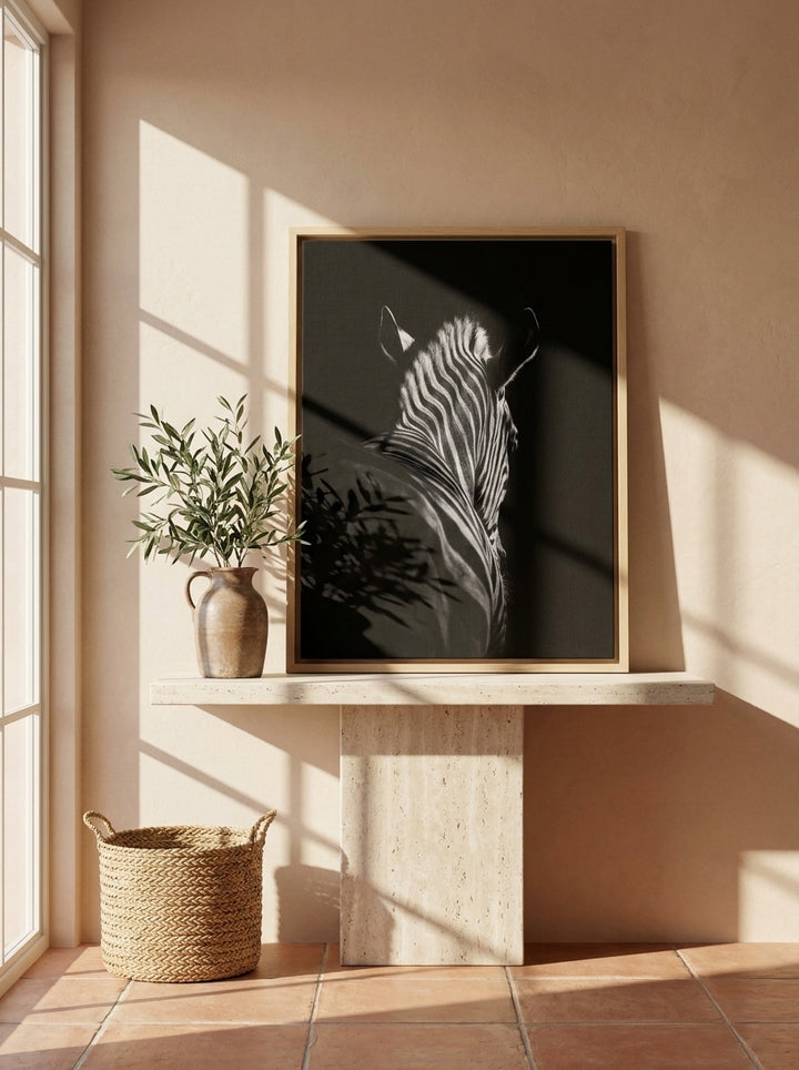 Canvas wall art with a natural timber surround standing on a console in a Mediterranean bedroom
