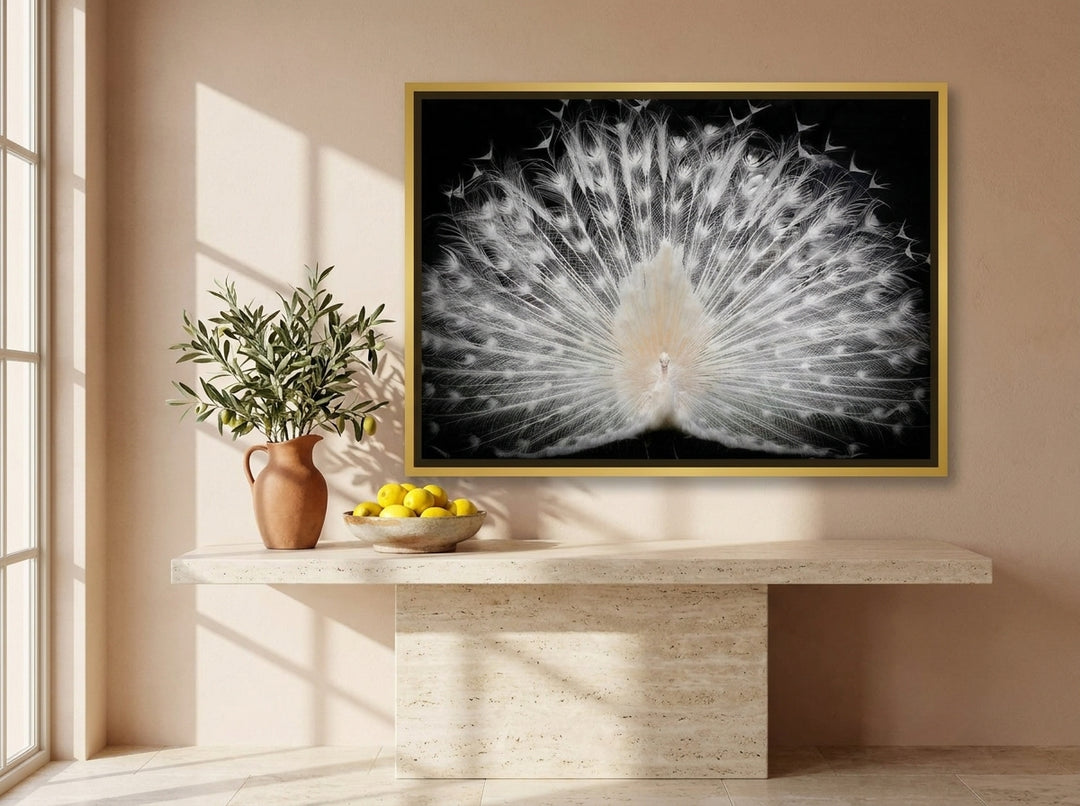 Canvas wall art with a gold leaf surround styled on the wall in a Mediterranean living room