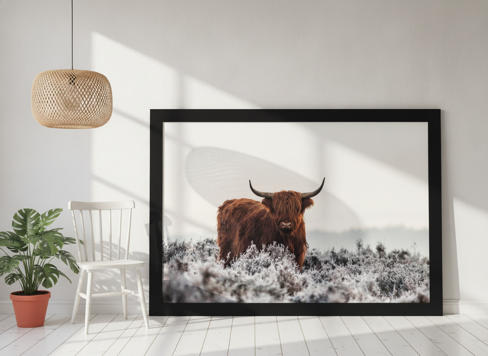 Oversized statement modern wall art print leaning against the wall in a bright Scandinavian bedroom