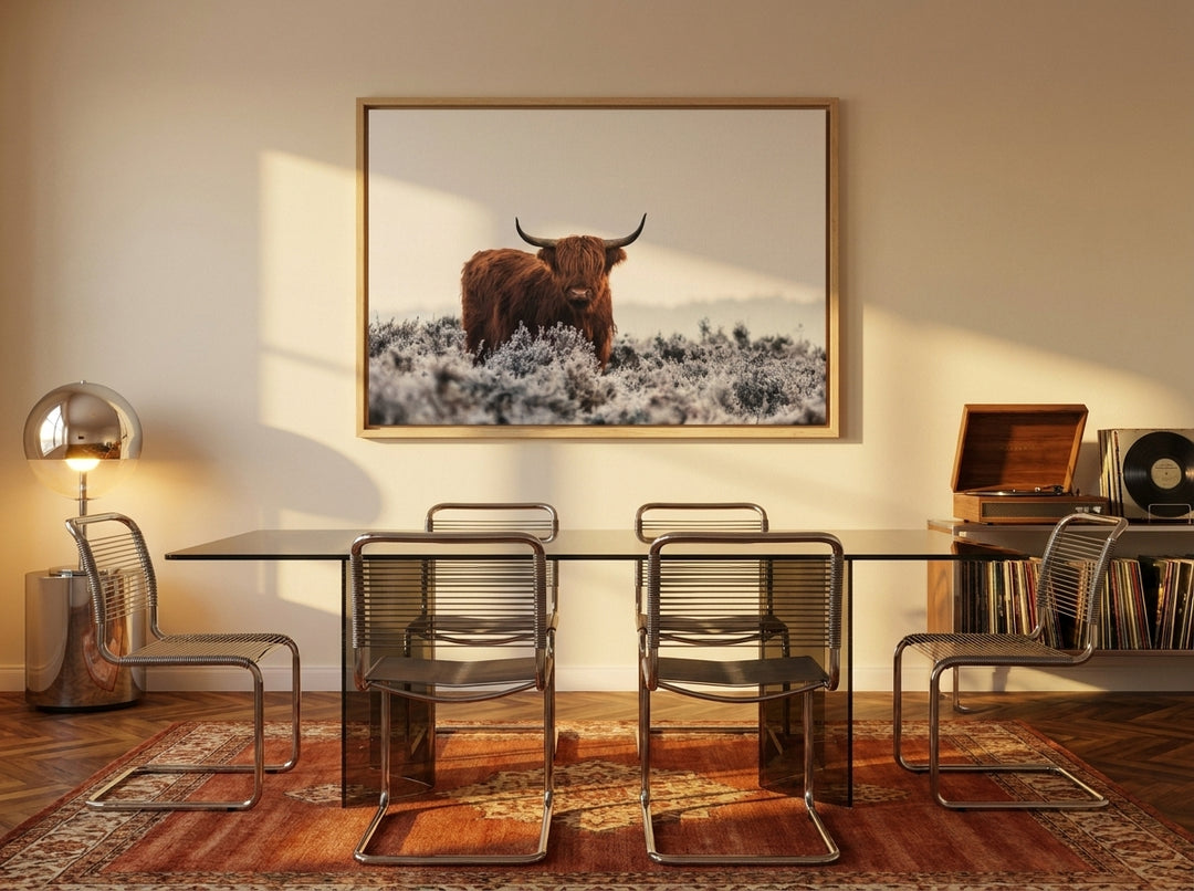 Oversized statement canvas wall art with a natural timber surround styled on the wall in a retro 70s dining room