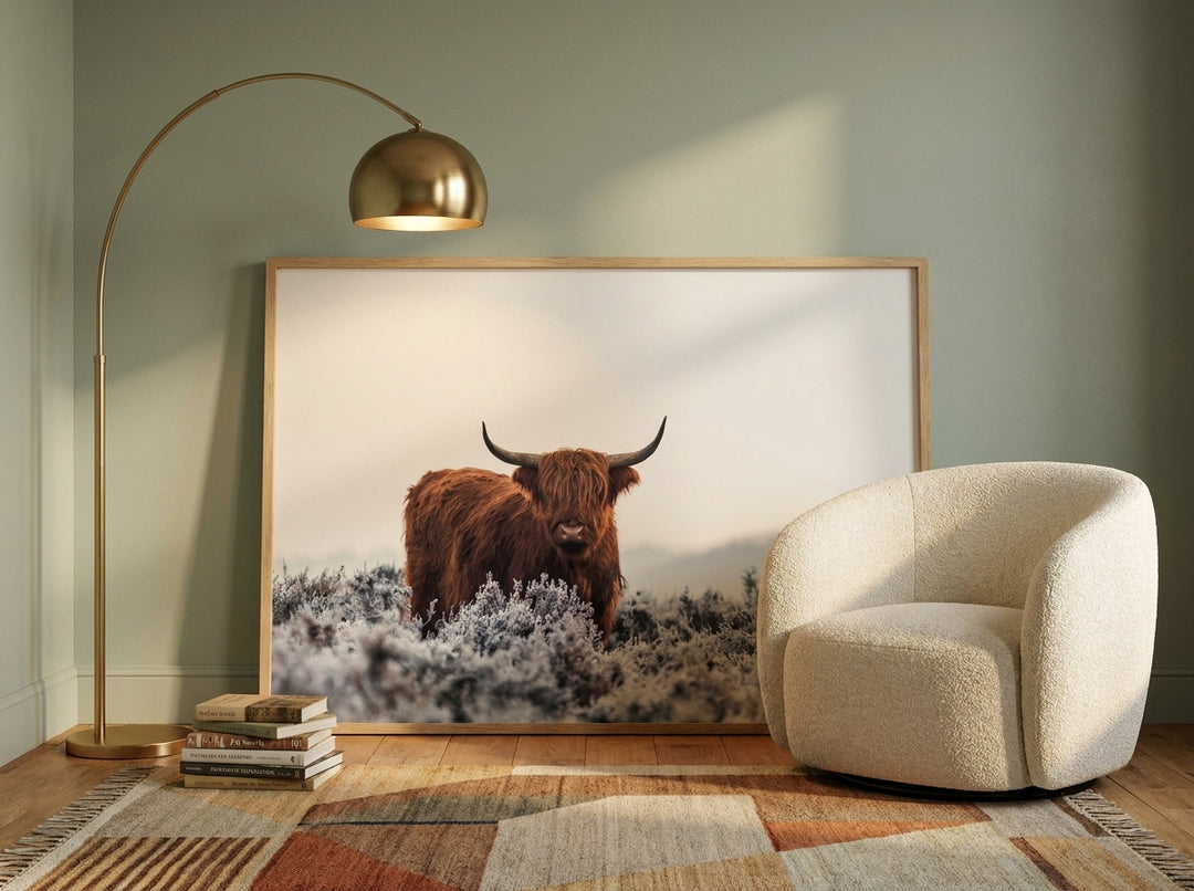 Oversized statement modern wall art print leaning against the wall in a mid-century dining room