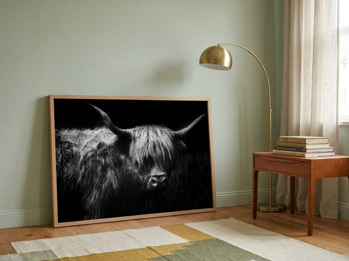 Modern wall art print leaning against the wall in a mid-century living room