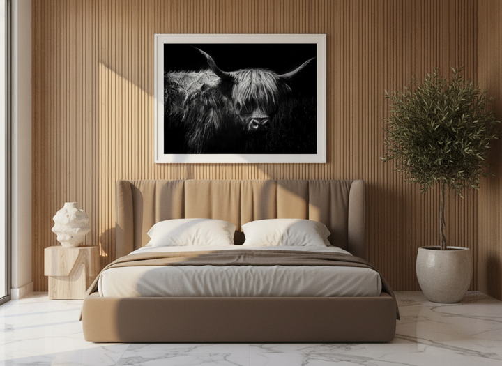 Oversized statement modern wall art print styled on the wall in a luxe bedroom