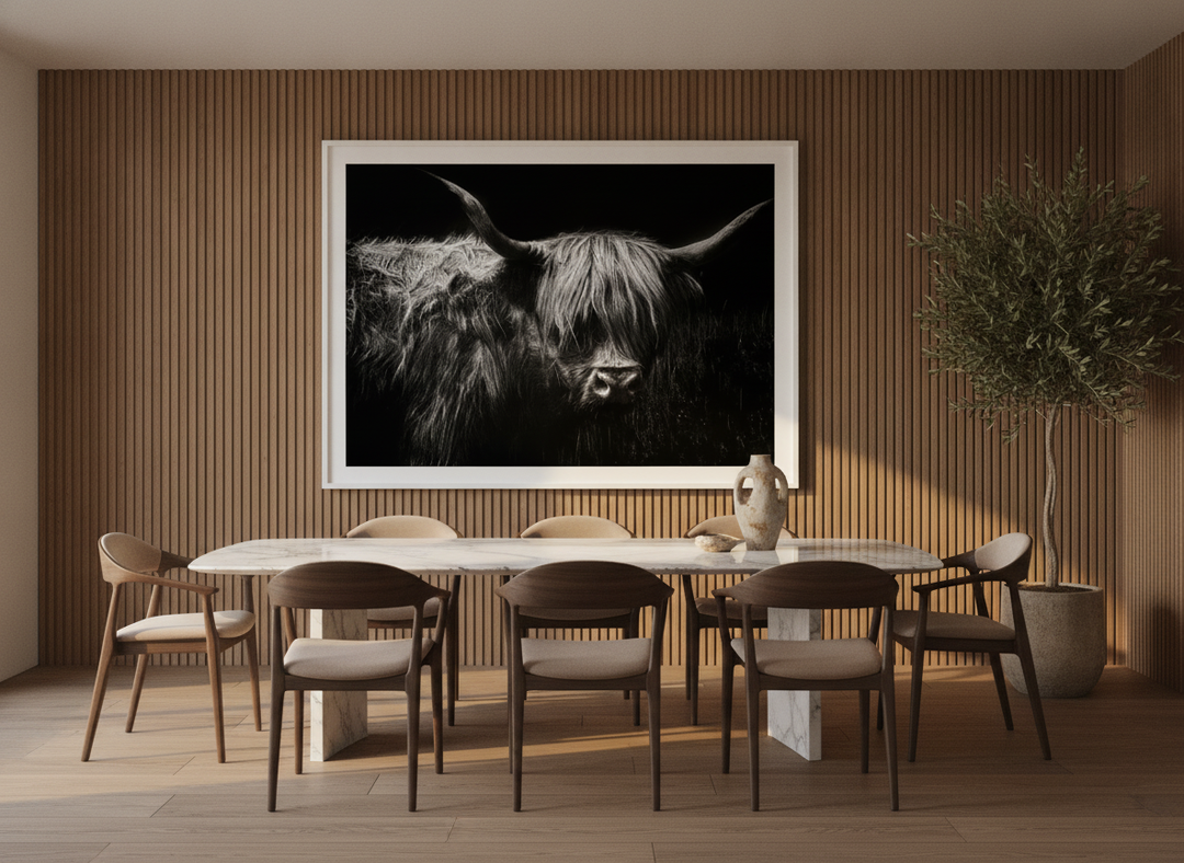 Oversized statement modern wall art print styled on the wall in a luxe dining room