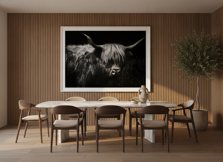 Oversized statement modern wall art print styled on the wall in a luxe dining room