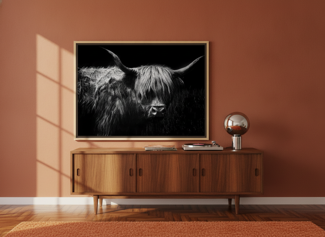 Canvas wall art with a natural timber surround standing on a sideboard in a retro 70s home office