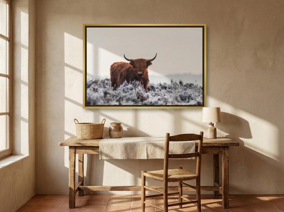 Canvas wall art with a gold leaf surround styled on the wall in a Mediterranean home office