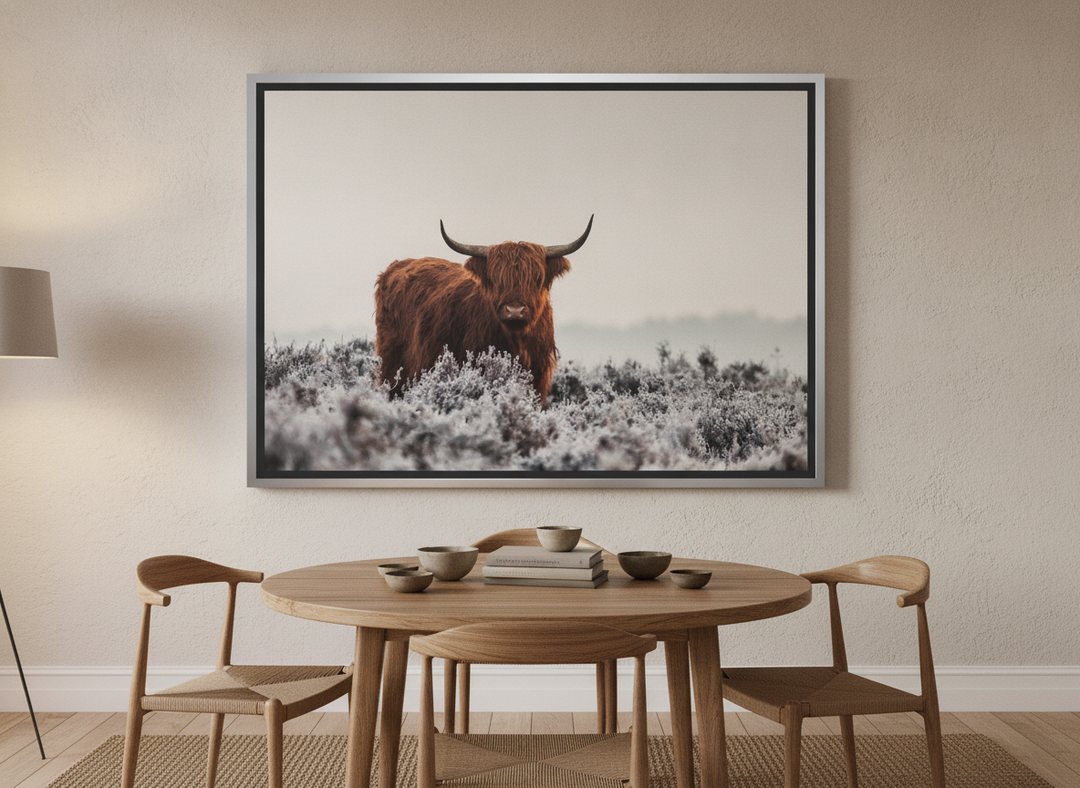 Oversized statement canvas wall art with a silver leaf surround styled on the wall in a warm Japandi dining room