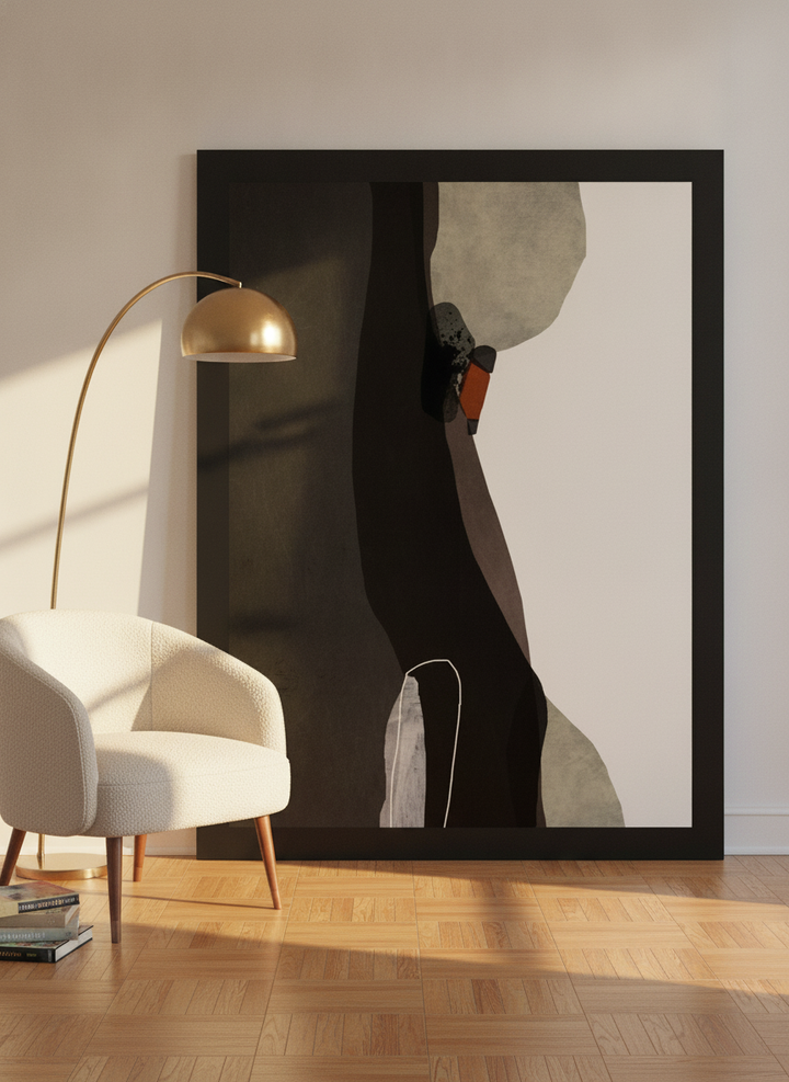 Oversized statement modern wall art print leaning against the wall in a mid-century living room