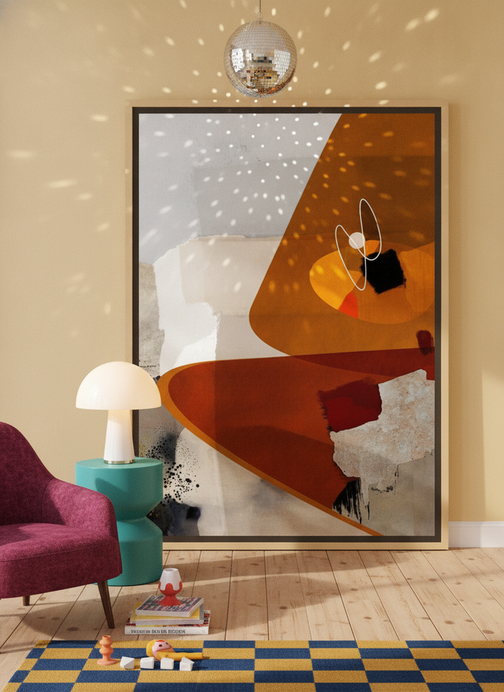 Oversized statement canvas wall art with a natural timber surround leaning against the wall in a colourful eclectic living room
