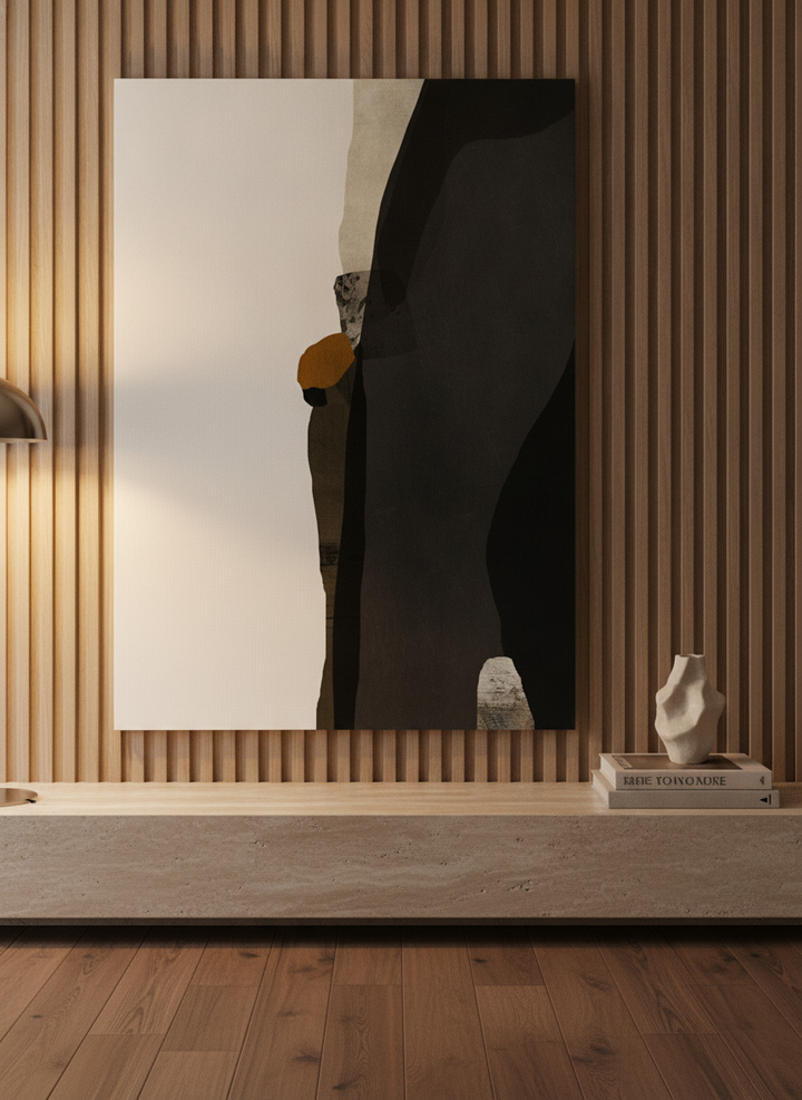 Stretched canvas wall art standing on a console in a luxe living room