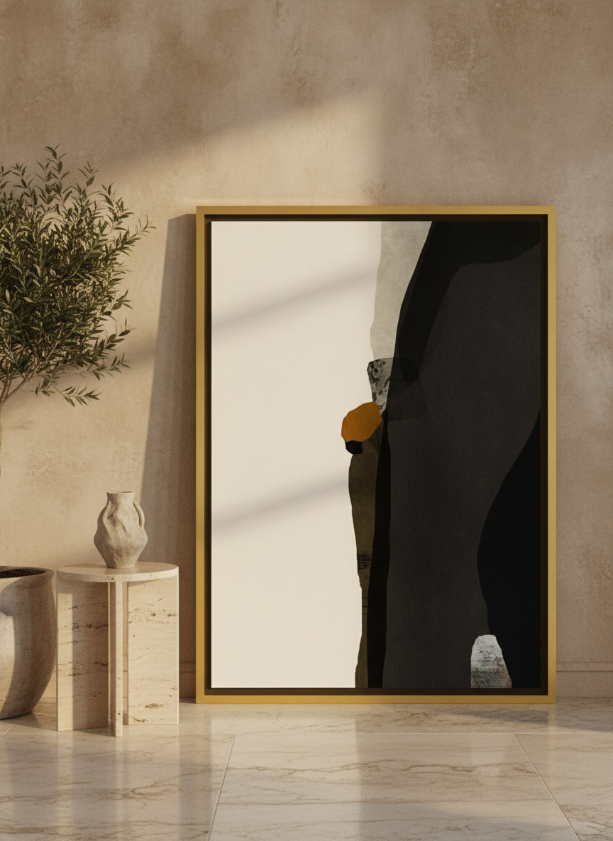 Oversized statement canvas wall art with a gold leaf surround leaning against the wall in a luxe living room