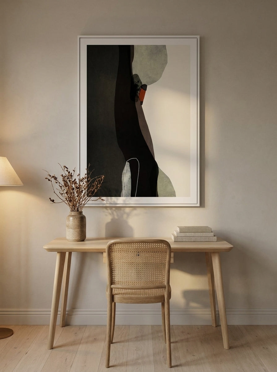 Modern wall art print styled on the wall in a warm Japandi home office