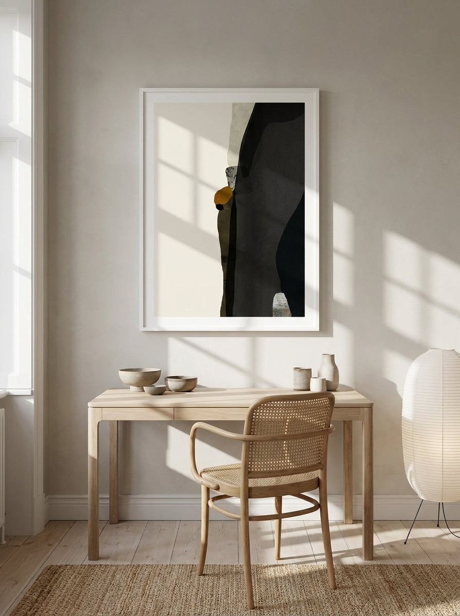 Modern wall art print styled on the wall in a warm Japandi home office
