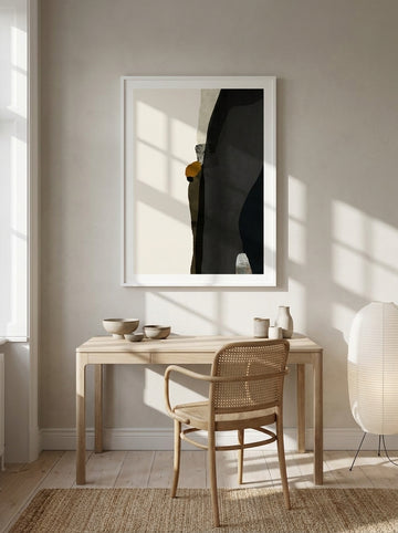 Modern wall art print styled on the wall in a warm Japandi home office