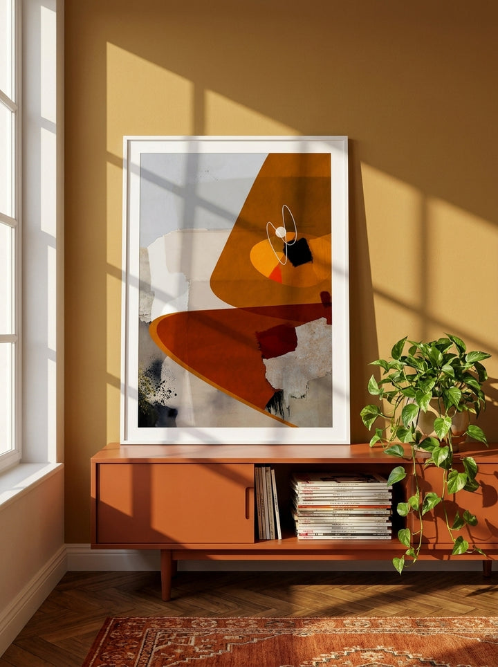 Modern wall art print standing on a sideboard in a retro 70s home office
