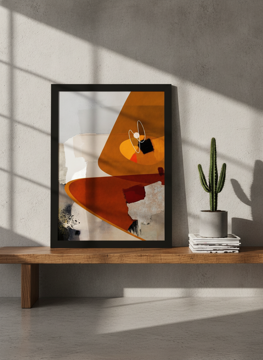 Modern wall art print standing on a bench in an industrial loft home office