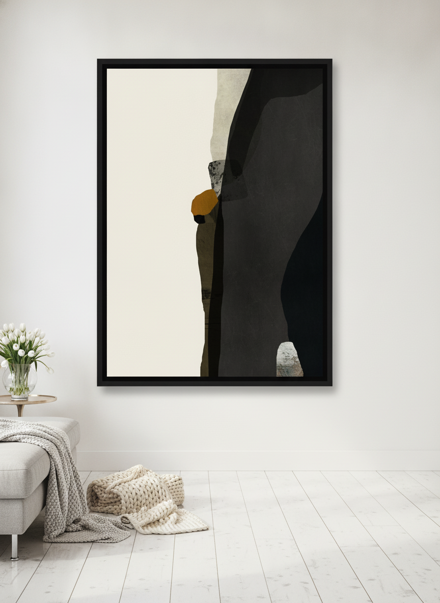 Oversized statement canvas wall art with a black surround styled on the wall in a bright Scandinavian living room