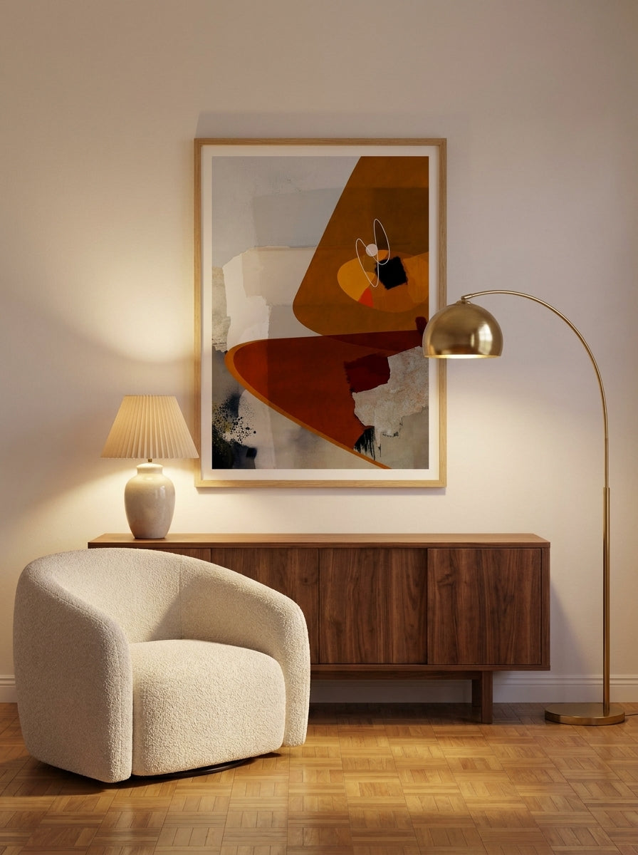 Modern wall art print styled on the wall in a mid-century living room