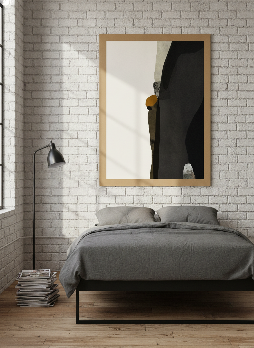Modern wall art print styled on the wall in an industrial loft bedroom