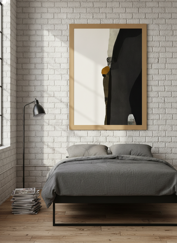Modern wall art print styled on the wall in an industrial loft bedroom