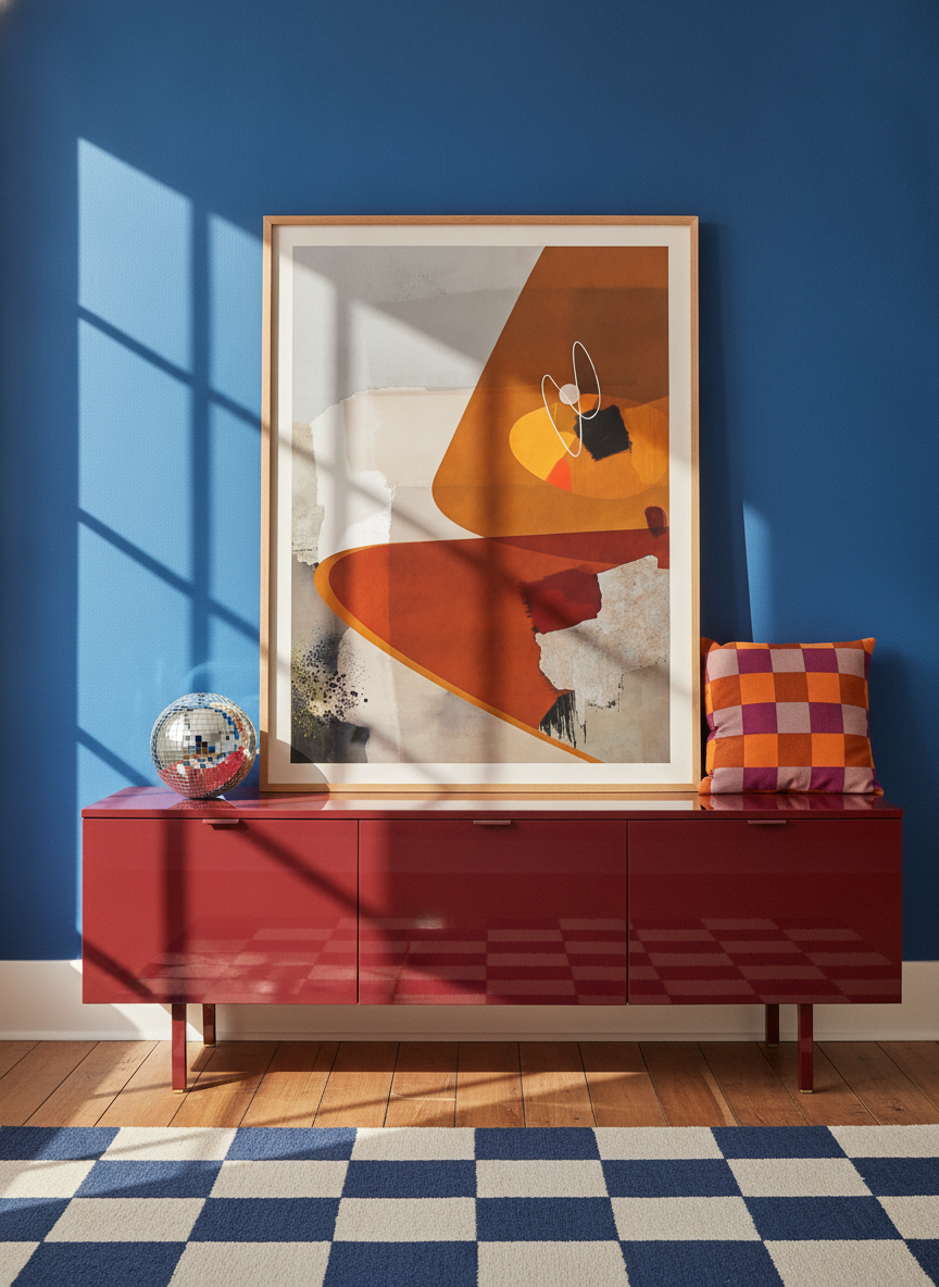Modern wall art print standing on a sideboard in a colourful eclectic bedroom