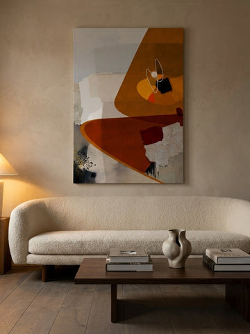 Stretched canvas wall art styled on the wall in a luxe living room