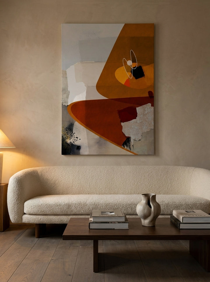 Stretched canvas wall art styled on the wall in a luxe living room