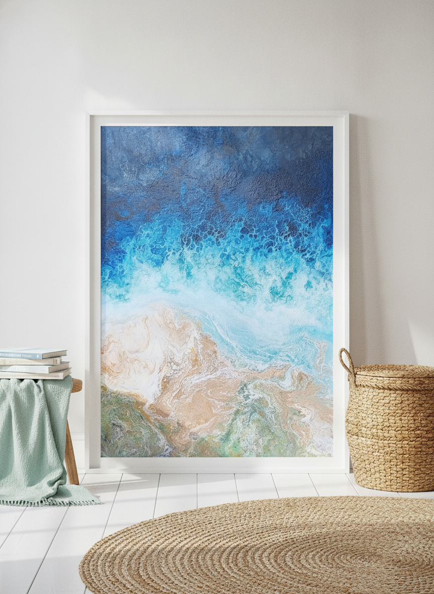 Modern wall art print leaning against the wall in a coastal dining room