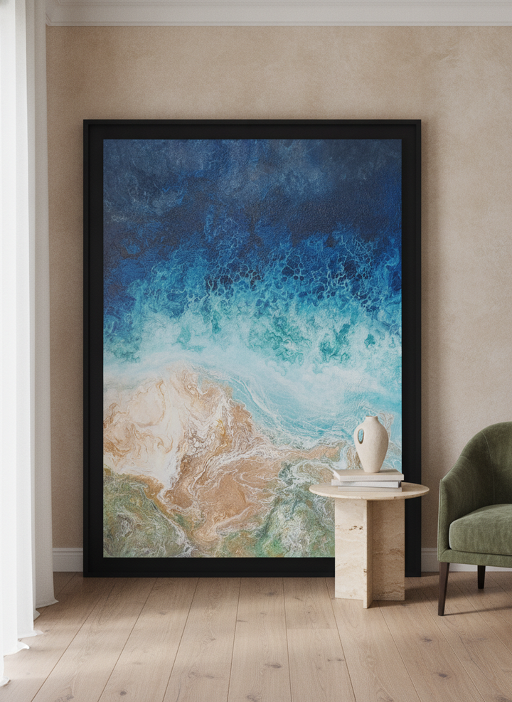 Oversized statement modern wall art print leaning against the wall in a luxe bedroom
