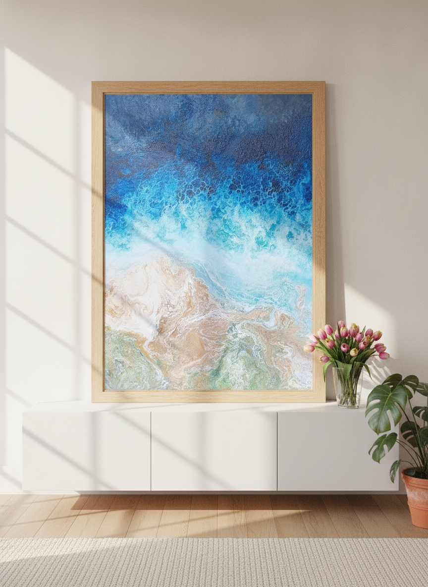 Modern wall art print standing on a sideboard in a bright Scandinavian bathroom