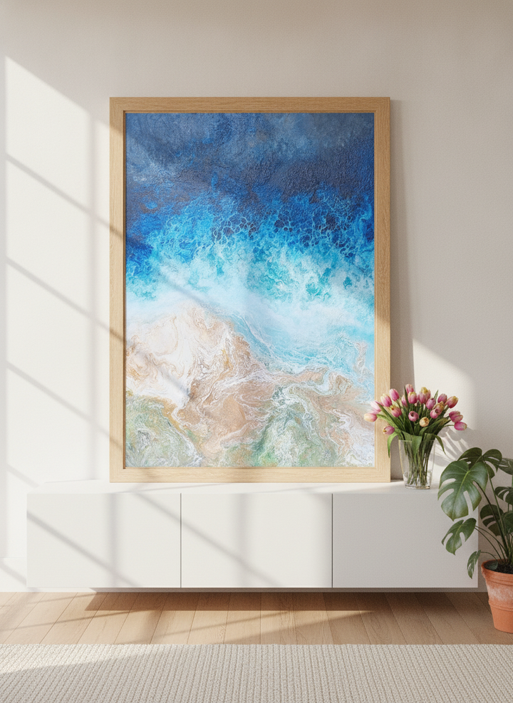 Modern wall art print standing on a sideboard in a bright Scandinavian bathroom