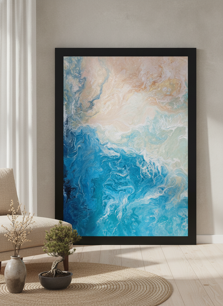 Oversized statement modern wall art print leaning against the wall in a warm Japandi living room