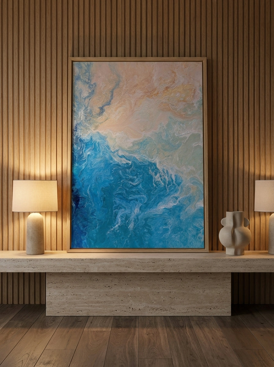 Modern wall art print standing on a console in a luxe bathroom
