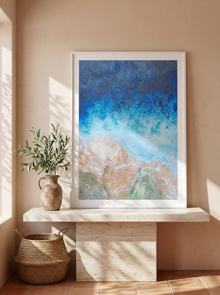 Modern wall art print standing on a console in a Mediterranean bedroom