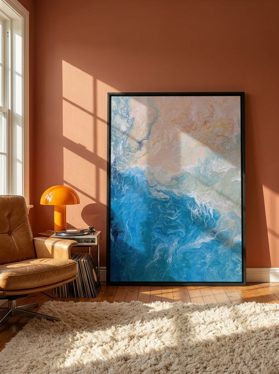 Canvas wall art with a black surround leaning against the wall in a retro 70s bedroom