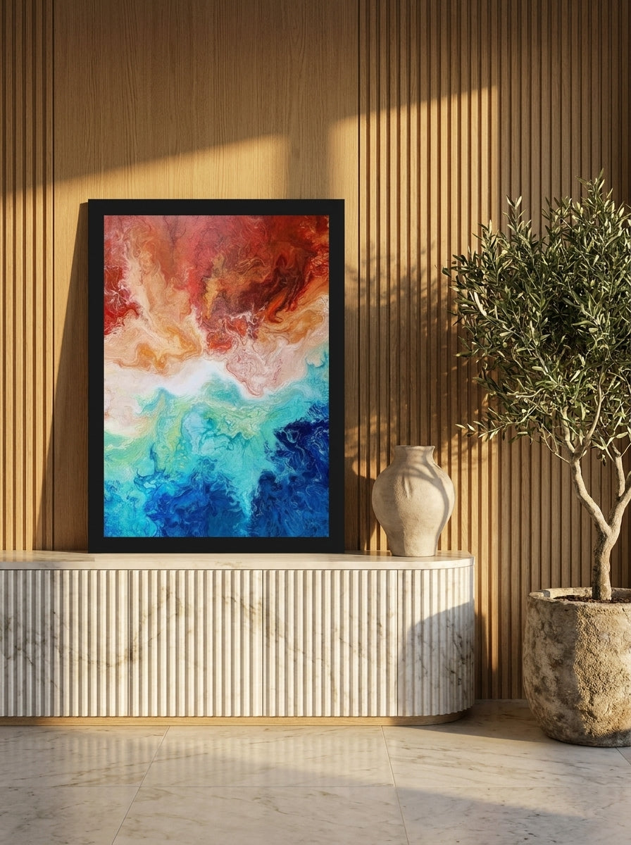 Modern wall art print standing on a sideboard in a luxe home office