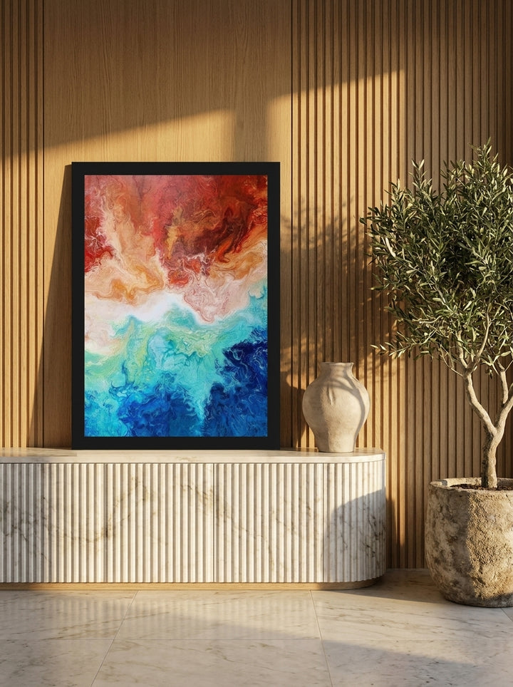Modern wall art print standing on a sideboard in a luxe home office